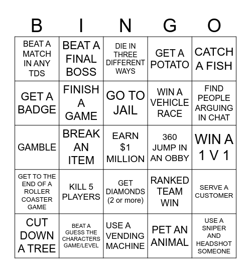 Roblox Bingo Card