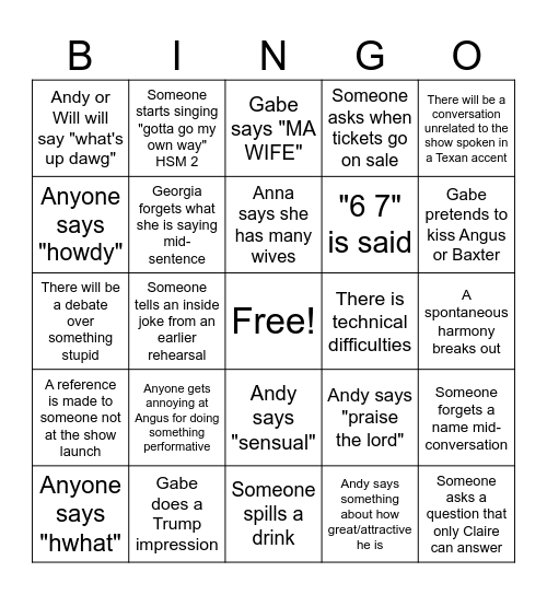 Bonnie and Clyde Show Launch Bingo Card