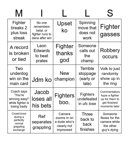 UFC Bingo Card