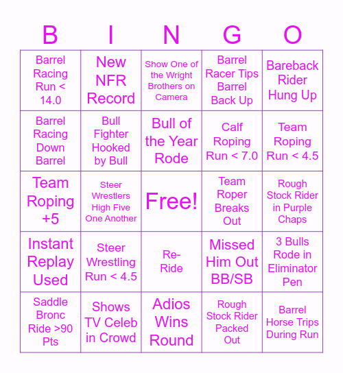 2025 National Finals Rodeo Bingo Card