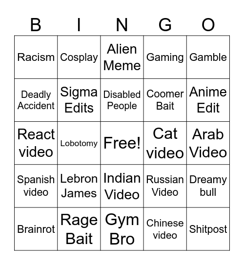 instagram reels brainrot Bingo Card