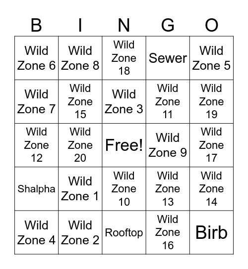Wild Zone Shiny Hunt Bingo Card