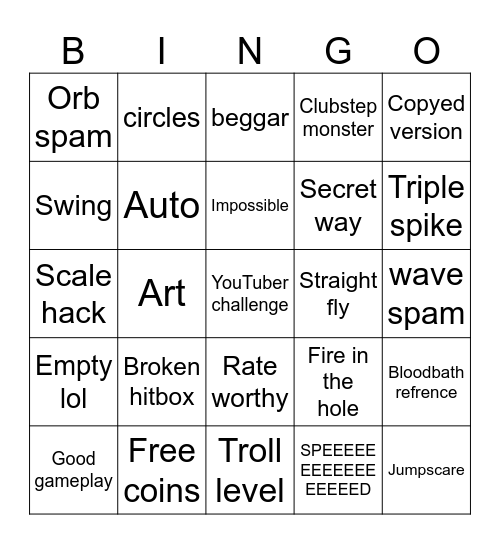 Geometry dash recent tab Bingo Card