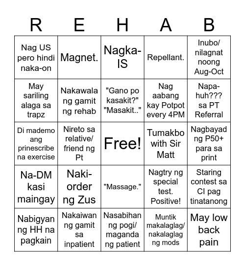 Rehab Bingo Card