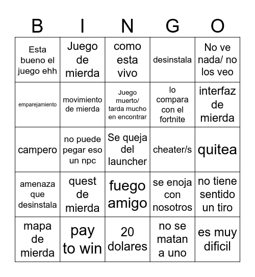 Tarkov Experience Bingo Card