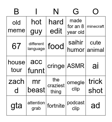 youtube shorts Bingo Card