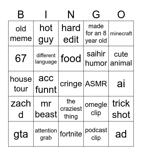 youtube shorts Bingo Card