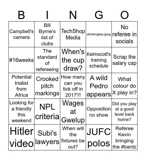State/Sunday League Bingo Card