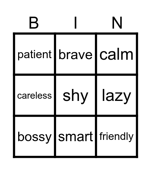 Character Traits Bingo Card