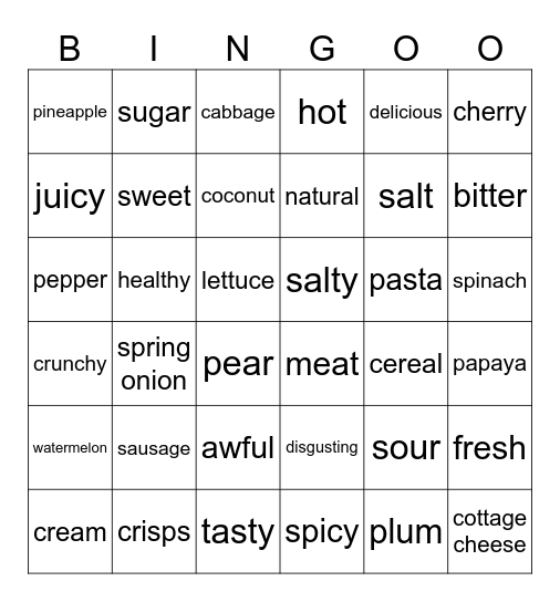 Taste Bingo Card