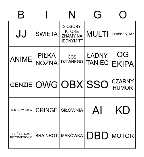 Tik Tokowe Bingo Card