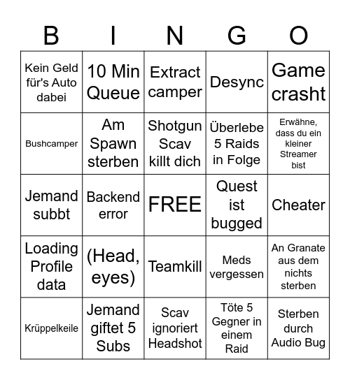 Tarkov Bingo Card