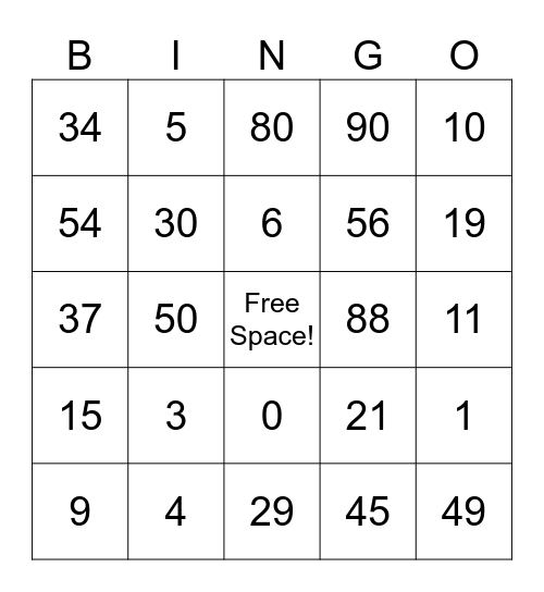 Number Bingo Card