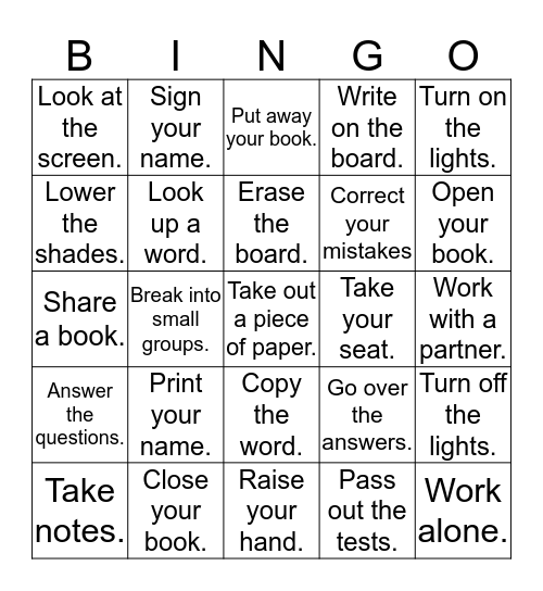 Classroom Actions Bingo Card