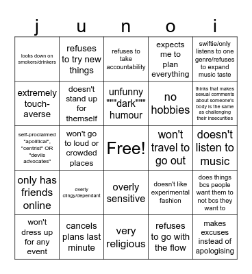 junos icks Bingo Card