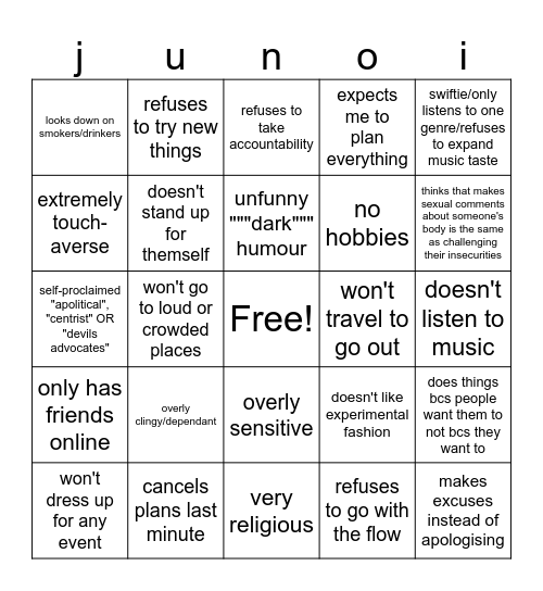junos icks Bingo Card