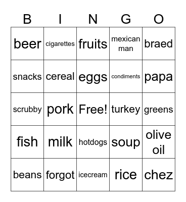 food list Bingo Card