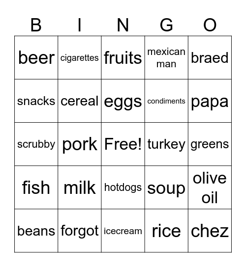 food list Bingo Card