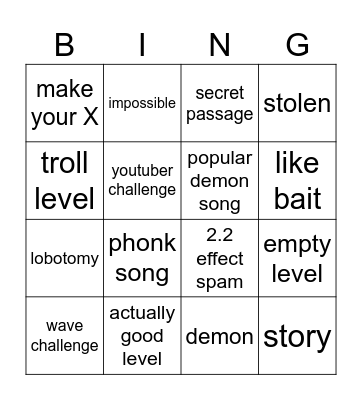 Geometry Dash Recent Tab Bingo Card