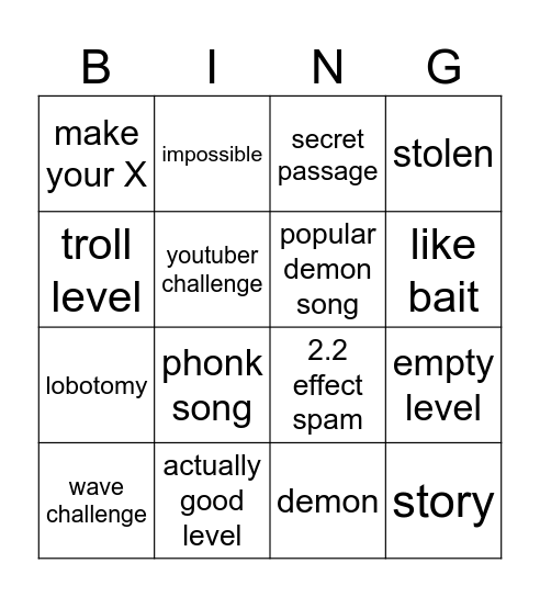 Geometry Dash Recent Tab Bingo Card