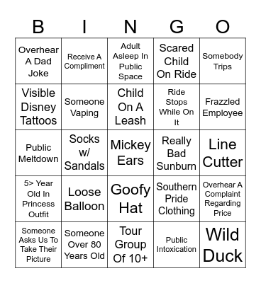 C & J's Magic Kingdom Bingo Card