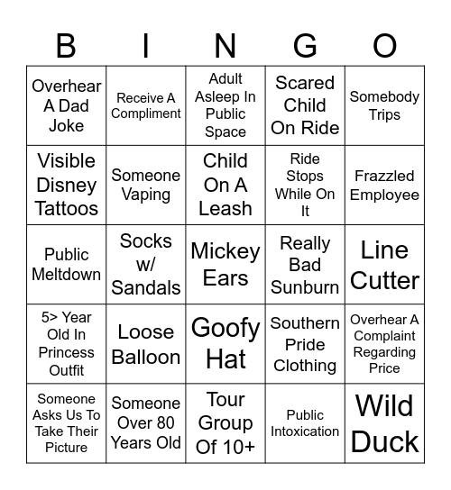 C & J's Magic Kingdom Bingo Card