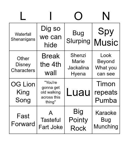 Lion King 1 1/2 Bingo Card