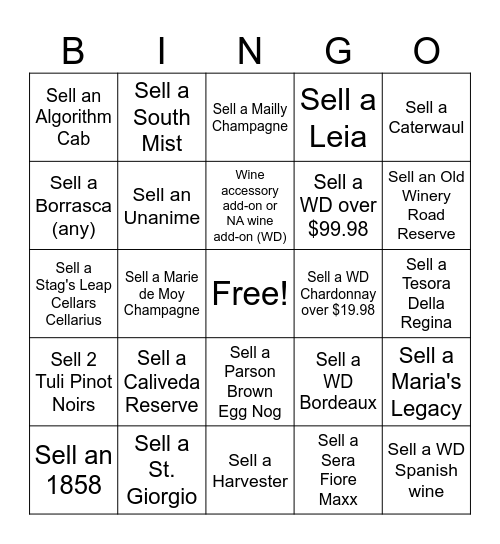 Saturday Sales Contest (Wine) Bingo Card