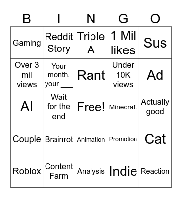 Youtube shorts Bingo Card