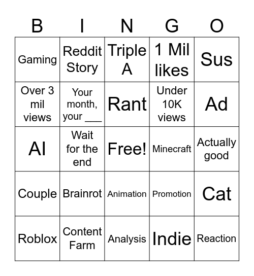 Youtube shorts Bingo Card