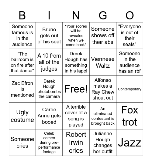DWTS Finale Bingo Card