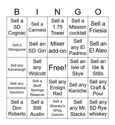 Saturday Sales Contest (Spirits) Bingo Card