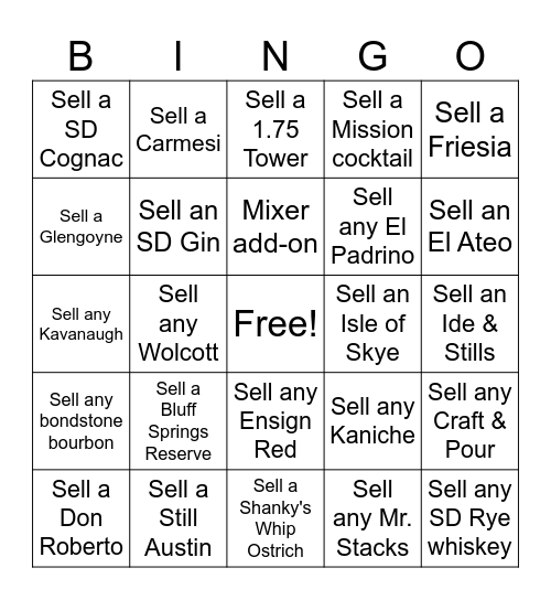Saturday Sales Contest (Spirits) Bingo Card