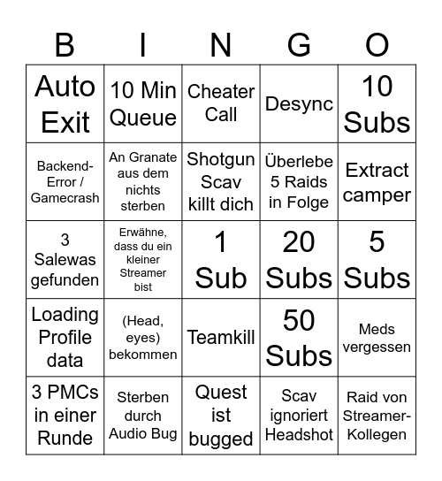 Tarkov Bingo Card