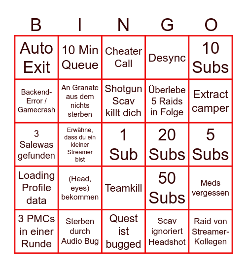 Tarkov Bingo Card