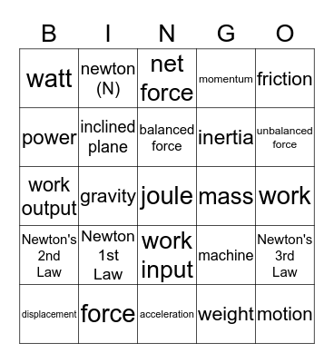 Forces and Motion Bingo Card