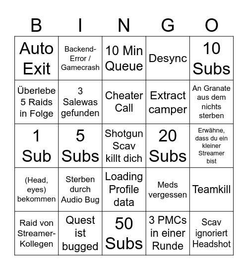 Tarkov Bingo Card