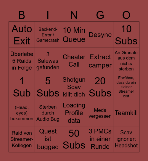 Tarkov Bingo Card