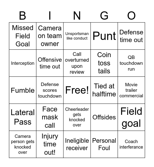 College Game Day Bingo Card