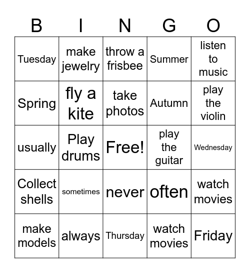 Hobby Bingo Card