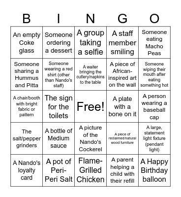 Nando's party Bingo Card