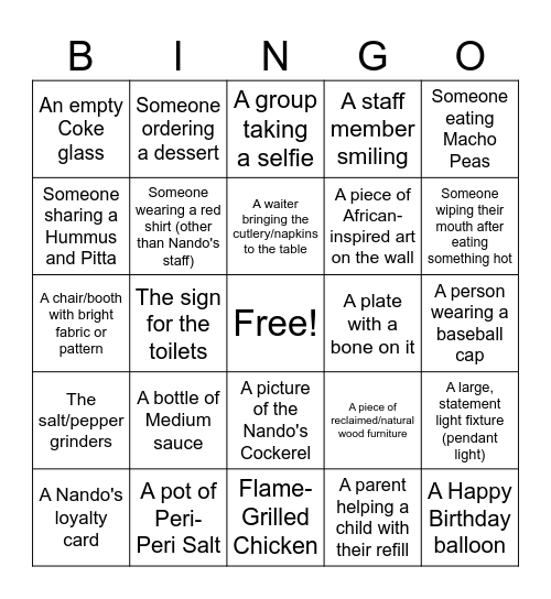 Nando's party Bingo Card