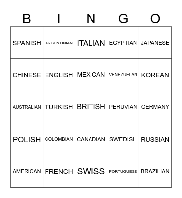 NATIONALITIES BINGO Card