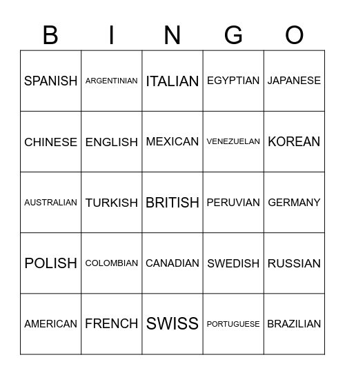 NATIONALITIES BINGO Card