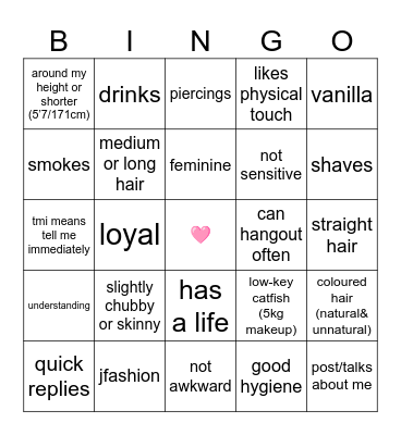 Are you my type? 🤔 (female version) Bingo Card