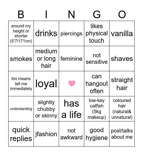 Are you my type? 🤔 (female version) Bingo Card