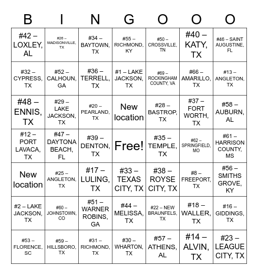 Buc-ee’s Locations Bingo Card