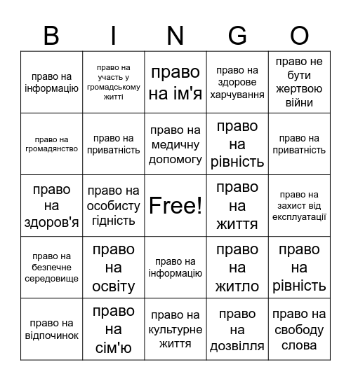 Права дитини Bingo Card