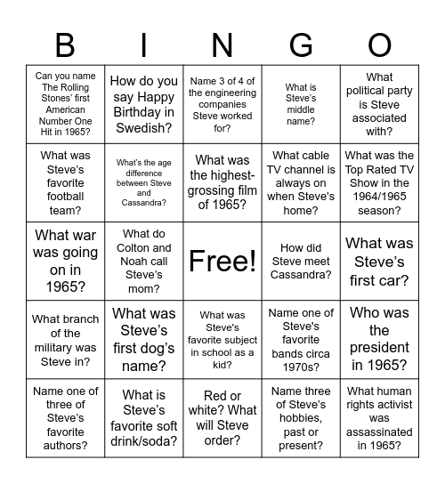 Happy 60th Steve! Bingo Card
