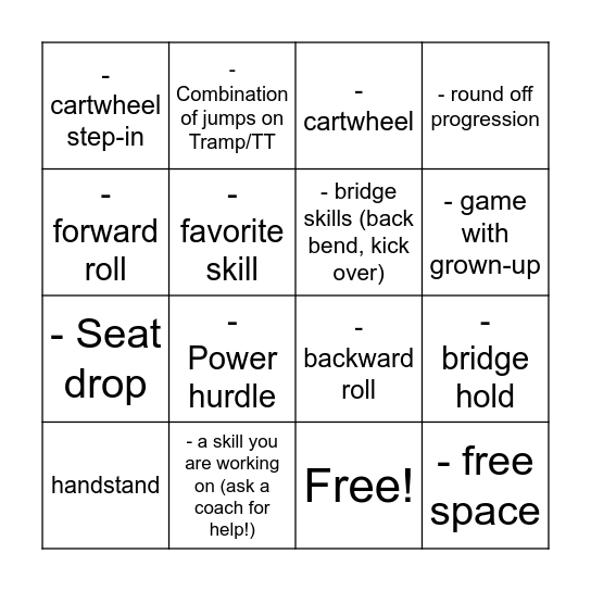 Beginnger/Intermediate Bingo Card
